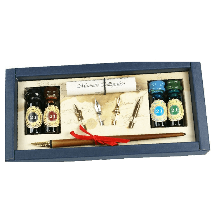 STILOGRAFICA IN LEGNO RUBINATO CON 5 FLACONI INCHIOSTRO