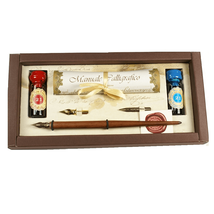 CANOTTO STILOGRAFICA RUBINATO IN LEGNO 3 PENNINI 2 FLACONI INCHIOSTRO