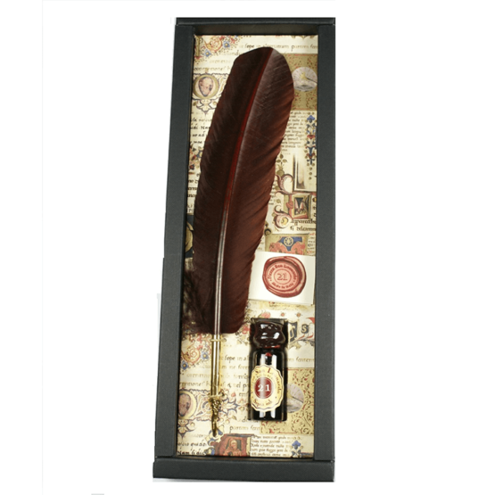 PIUMA CON PUNTALE IN METALO RUBINATO 1 FLACONE INCHIOSTRO ROSSO