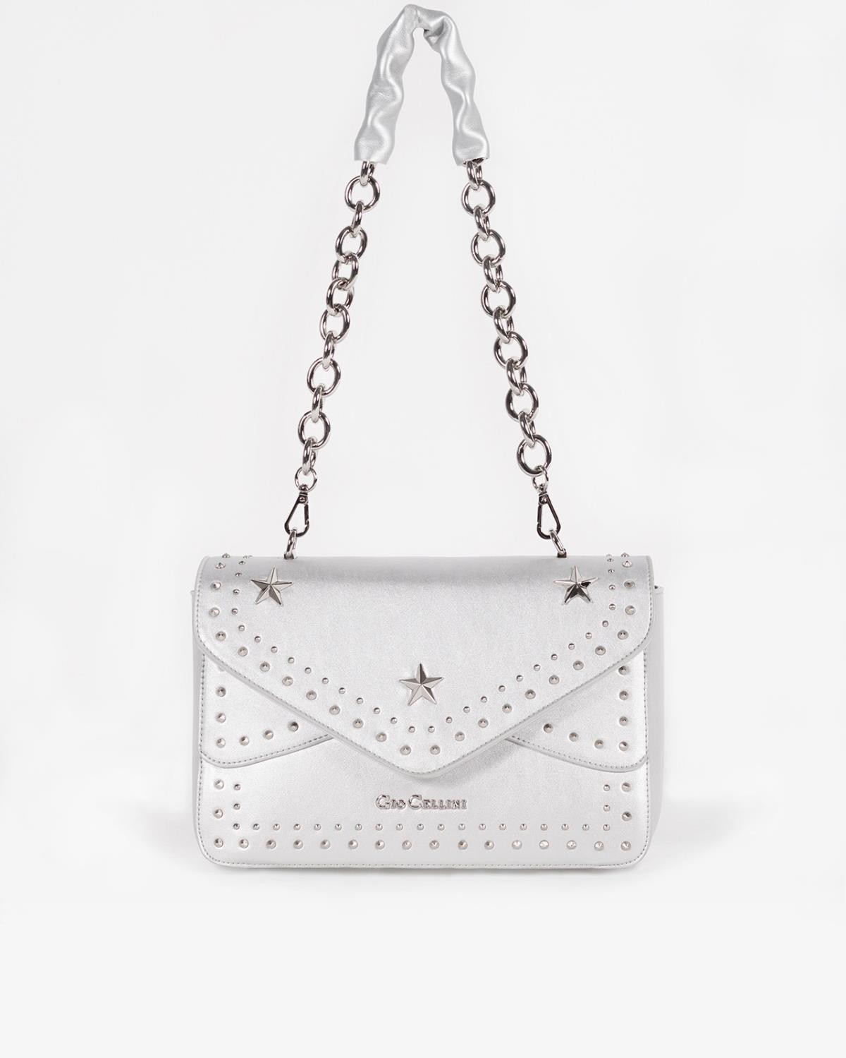 Gio Cellini BORSA DONNA CON DECORAZIONI PU COLORE ARGENTO TRACOLLA CATENA BB008