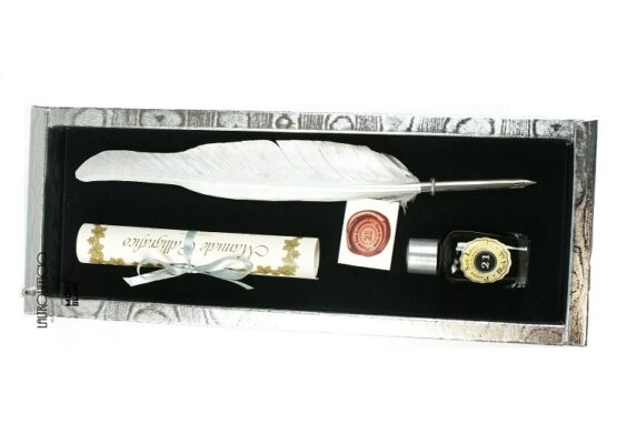 SET SCRITTURA PIUMA ARGENTO CON BIF NIB METALLO 1 FLACONE INCHIOSTRO 21034 RUBINATO - immagine 2
