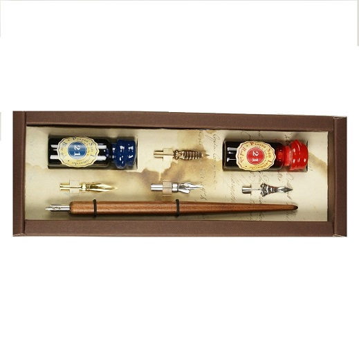 SET SCRITTURA CANOTTO STILOGRAFICA IN LEGNO 2 PENNINI 2 INCHIOSTRO BLU/ROSSO 21001 RUBINATO - immagine 2