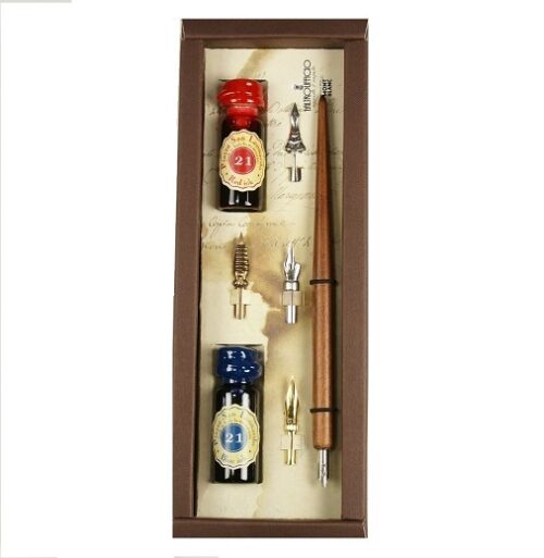 SET SCRITTURA CANOTTO STILOGRAFICA IN LEGNO 2 PENNINI 2 INCHIOSTRO BLU/ROSSO 21001 RUBINATO