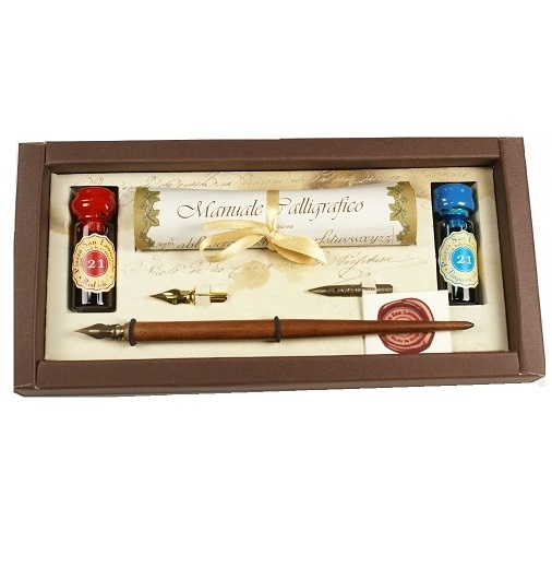 SET SCRITTURA CANOTTO STILOGRAFICA IN LEGNO 3 PENNINI 2 FLACONI INCHIOSTRO 21008 RUBINATO - immagine 2