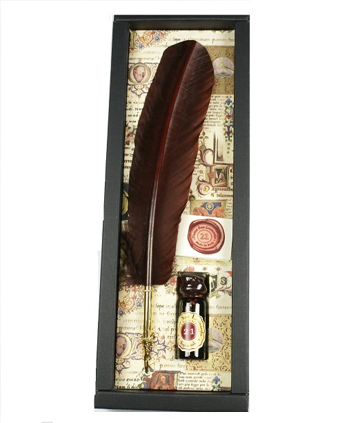 SET SCRITTURA PIUMA CON PUNTALE IN METALO  1 FLACONE INCHIOSTRO ROSSO 21023 RUBINATO
