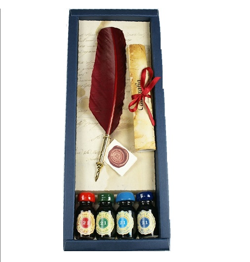 SET SCRITTURA PIUMA CON PUNTALE IN METALLO 4 FLACONI INCHIOSTRO COLORI ASSORTITI 21025 RUBINATO