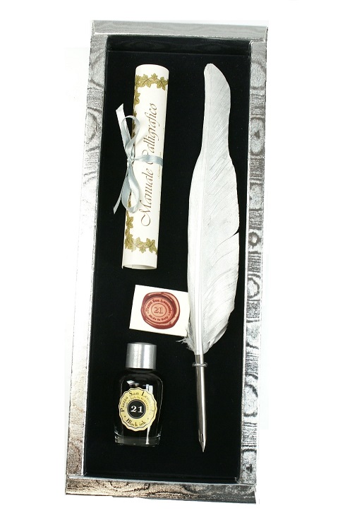 SET SCRITTURA PIUMA ARGENTO CON BIF NIB METALLO 1 FLACONE INCHIOSTRO 21034 RUBINATO