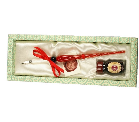 SET SCRITTURA PENNA IN VETRO PUNTALE E PENNINO IN METALLO FLACONE INCHIOSTRO 21038R RUBINATO - immagine 2