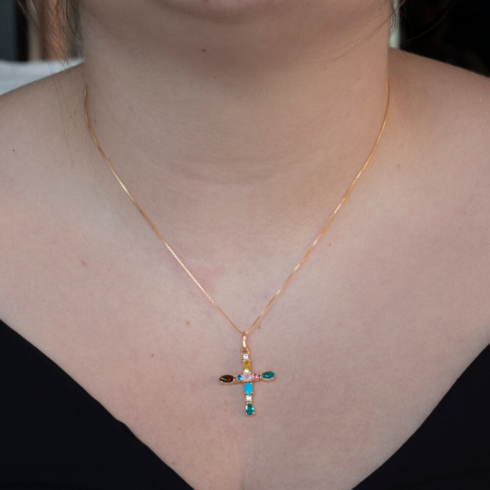 I DUCHI 11208120 CATENINA IN ARGENTO E PENDENTE CROCE CON PIETRE MULTICOLORE - immagine 4