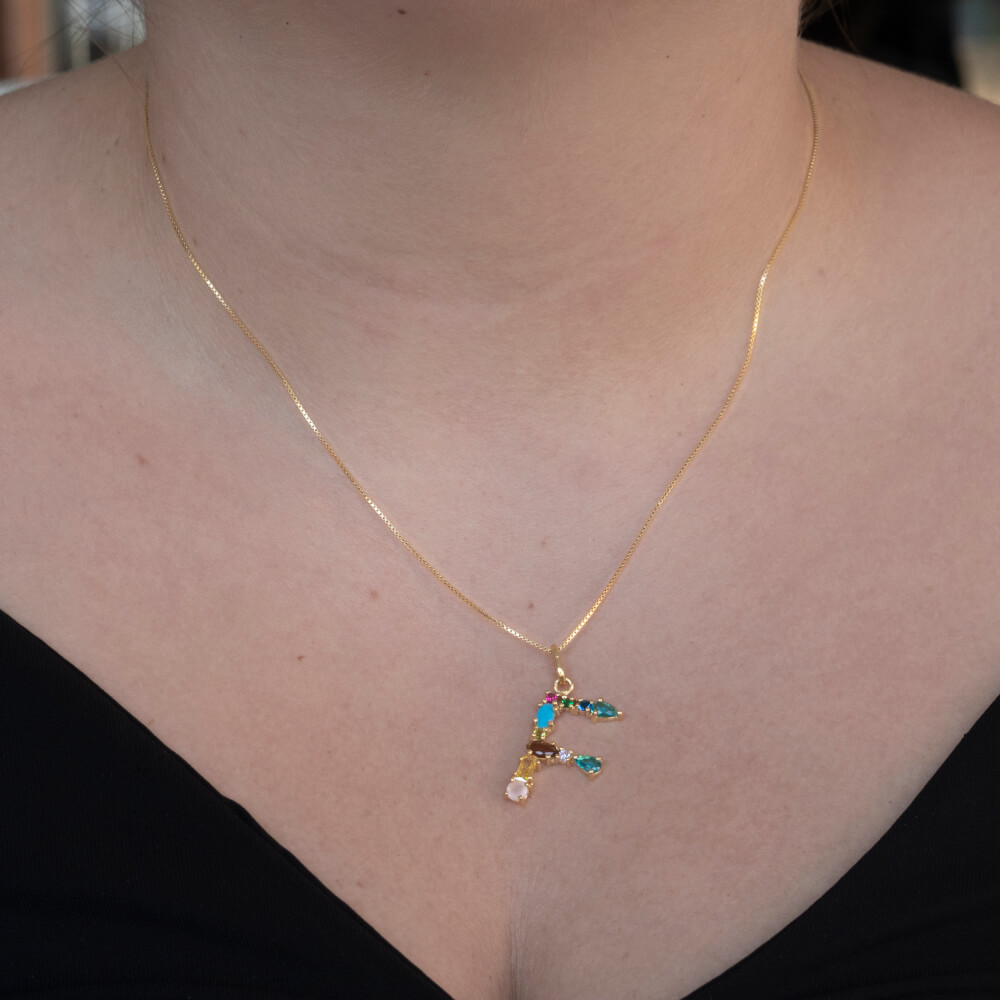 I DUCHI 11208106 CATENINA IN ARGENTO E PENDENTE LETTERA F CON PIETRE MULTICOLORE - immagine 4