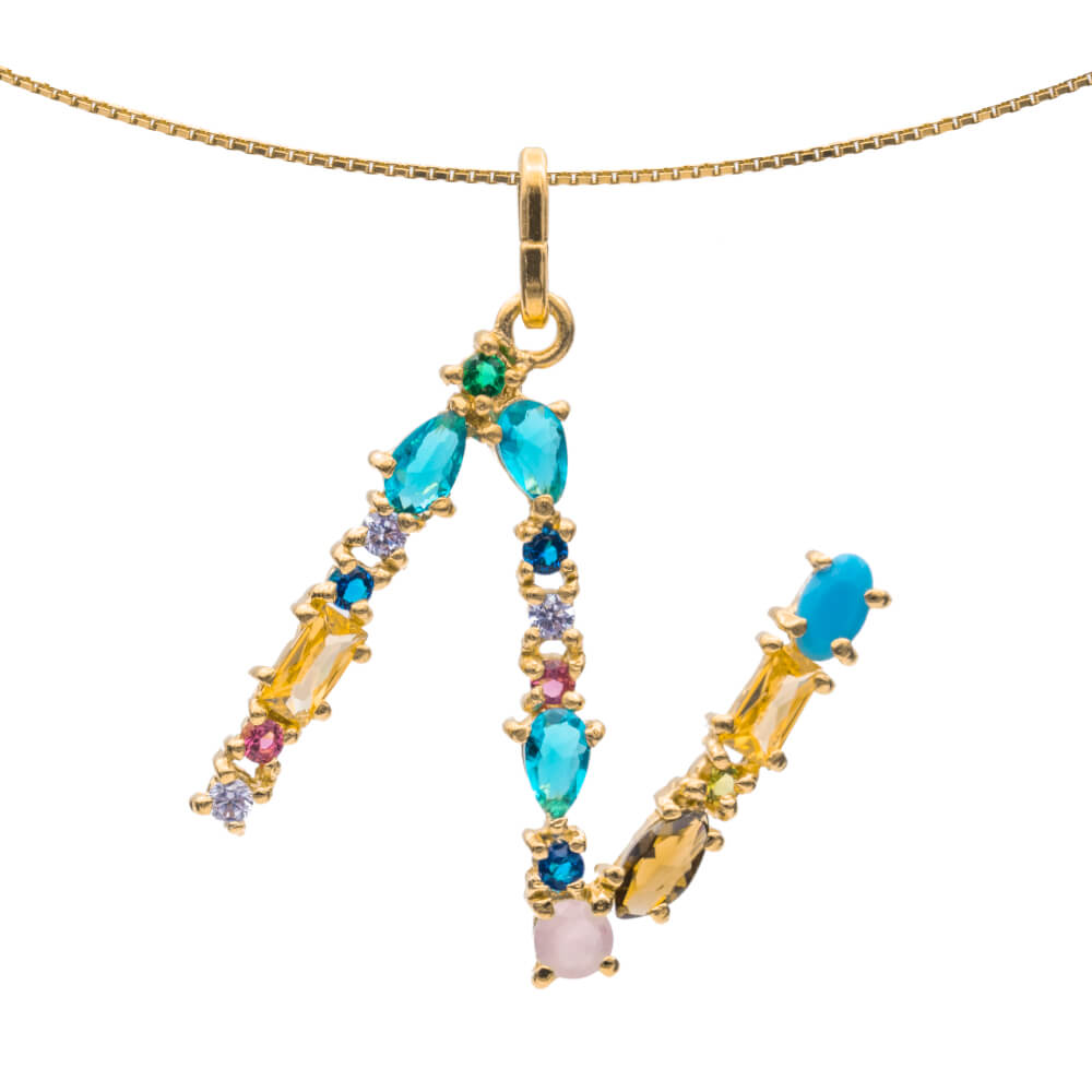 I DUCHI 11208111 CATENINA IN ARGENTO E PENDENTE LETTERA N CON PIETRE MULTICOLORE