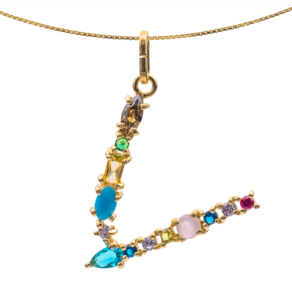 I DUCHI 11208117 CATENINA IN ARGENTO E PENDENTE LETTERA V CON PIETRE MULTICOLORE