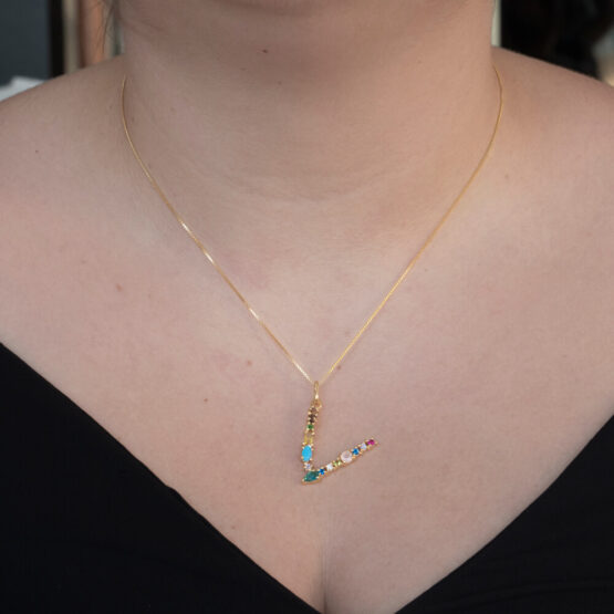 I DUCHI 11208117 CATENINA IN ARGENTO E PENDENTE LETTERA V CON PIETRE MULTICOLORE - immagine 4